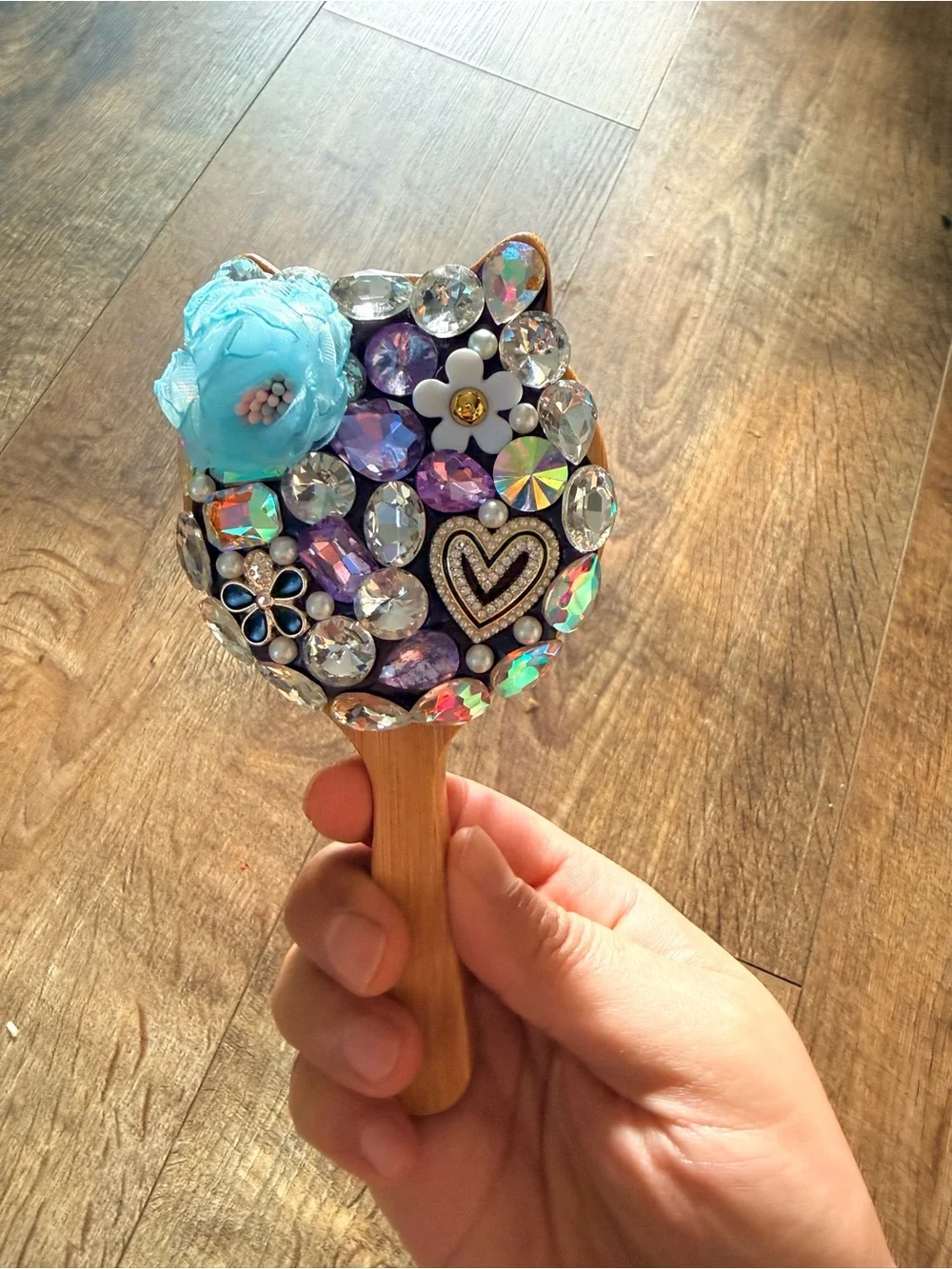 Handmade purple rhinestone wooden hair brush